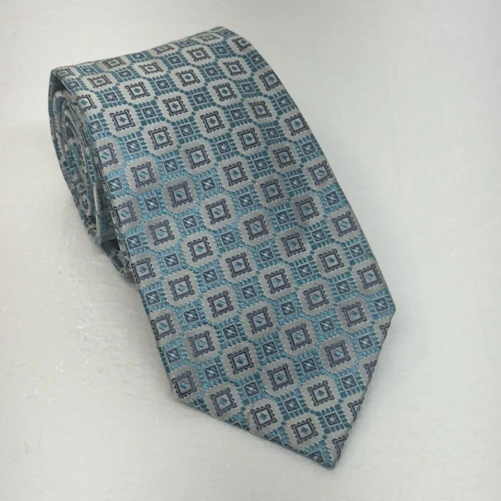 Banana Republic Silk Necktie Mens‎ OS Blue Geometric Square Made in Italy Luxury